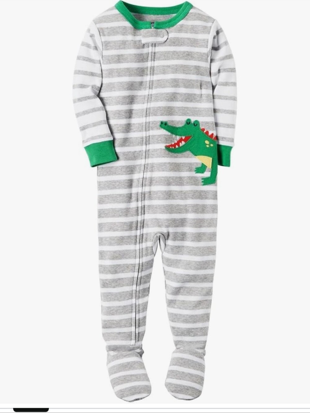 Carter's Gray Stripe Croc Appliqué Baby One-Piece (Green Trim) Soft Cotton.